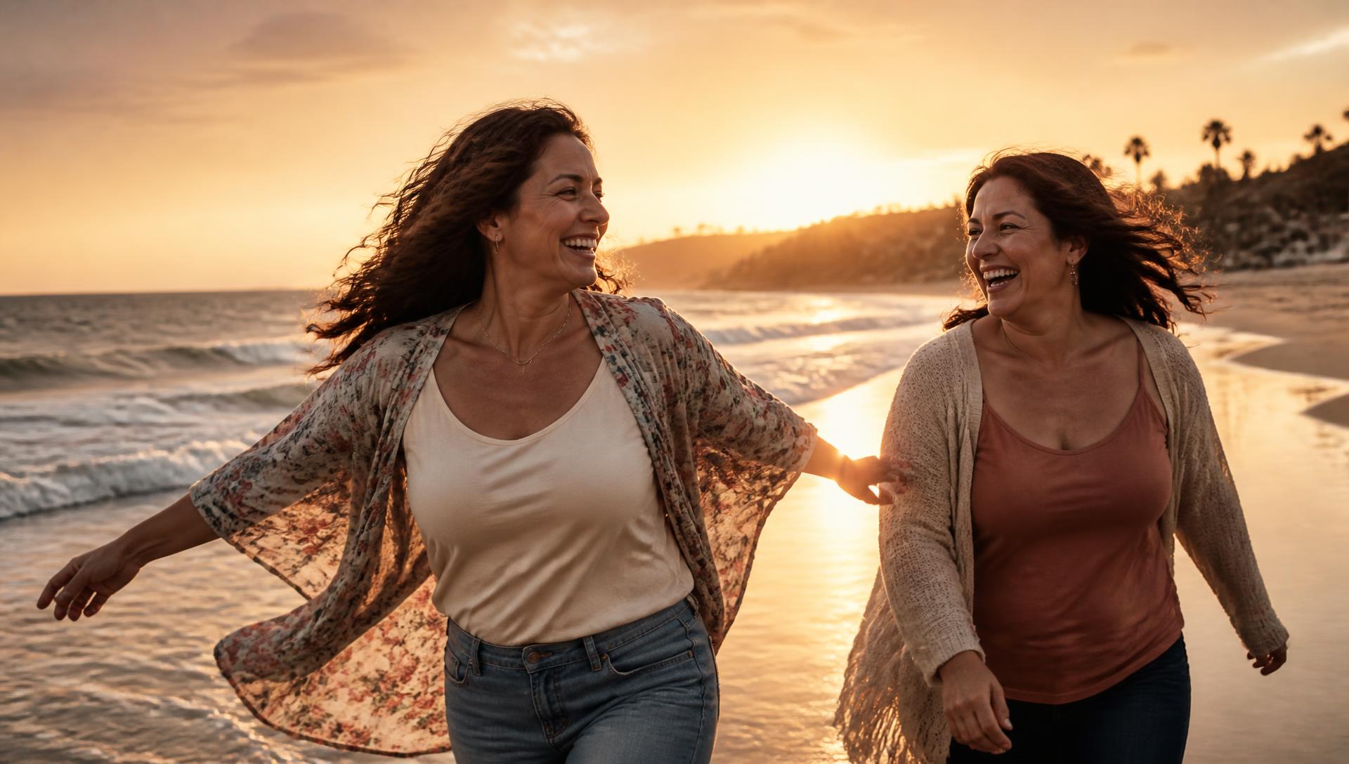 Mujeres caminando libres por la orilla del mar al atardecer